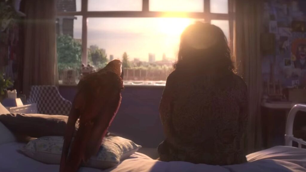 Image still from the movie "Tuesday" bird next to woman